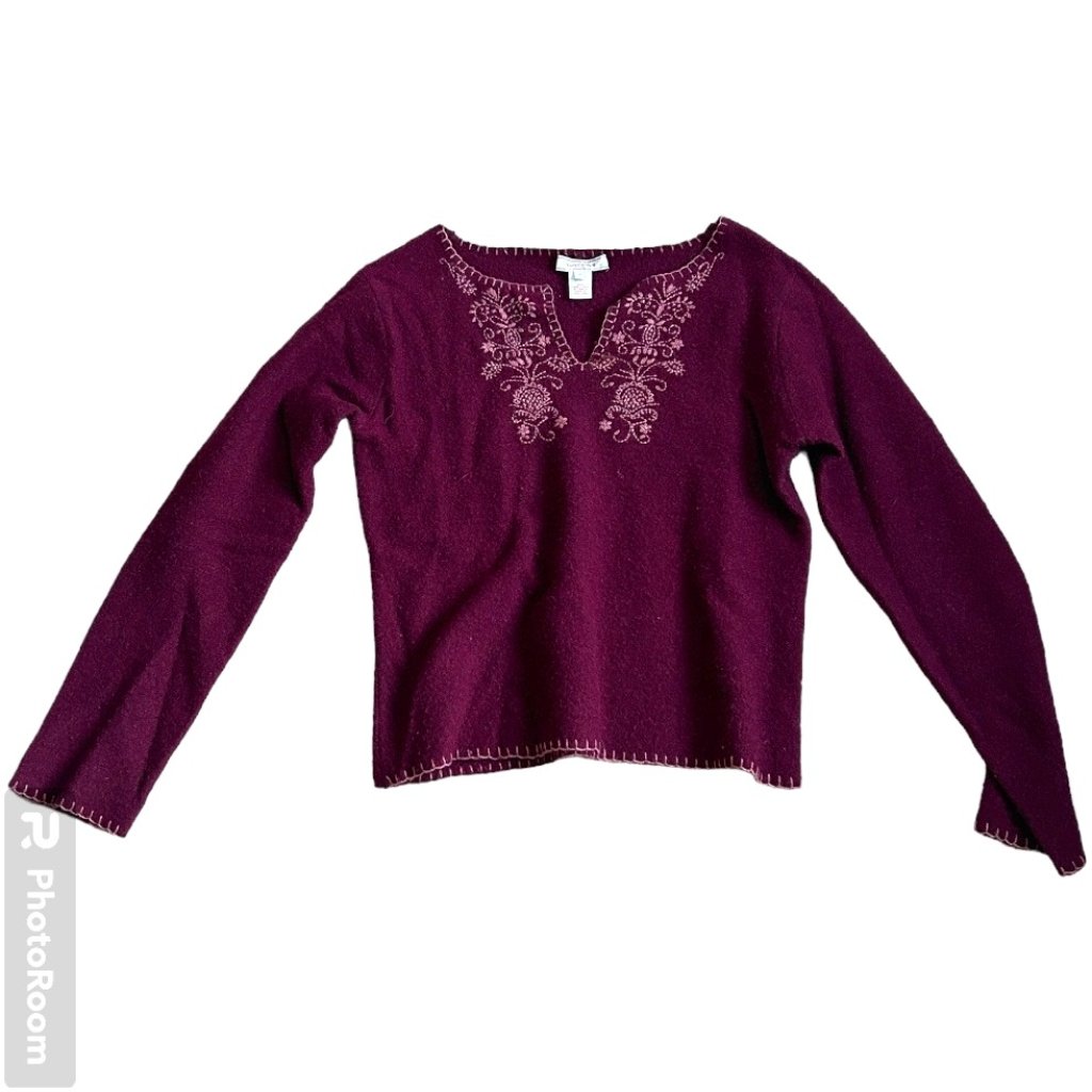 100 Lambs Wool Vintage Sundance Maroon Embroidered Sweater  Size Small